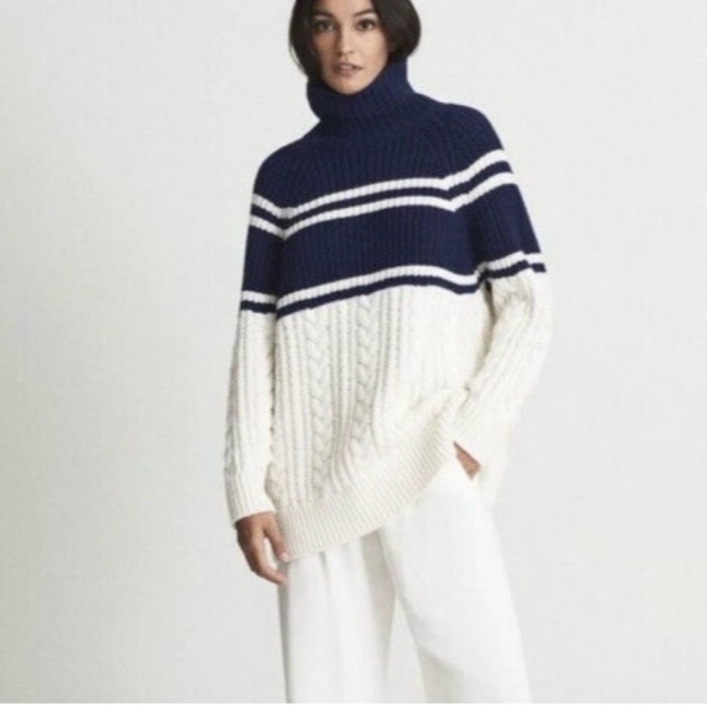Reiss Navy and Cream Striped Cable Turtleneck Sweater